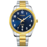 Citizen BI1036-57L front view with two-tone stainless steel case and bracelet, midnight-blue sunburst dial, gold-tone indices, and date window at 3 o’clock.
