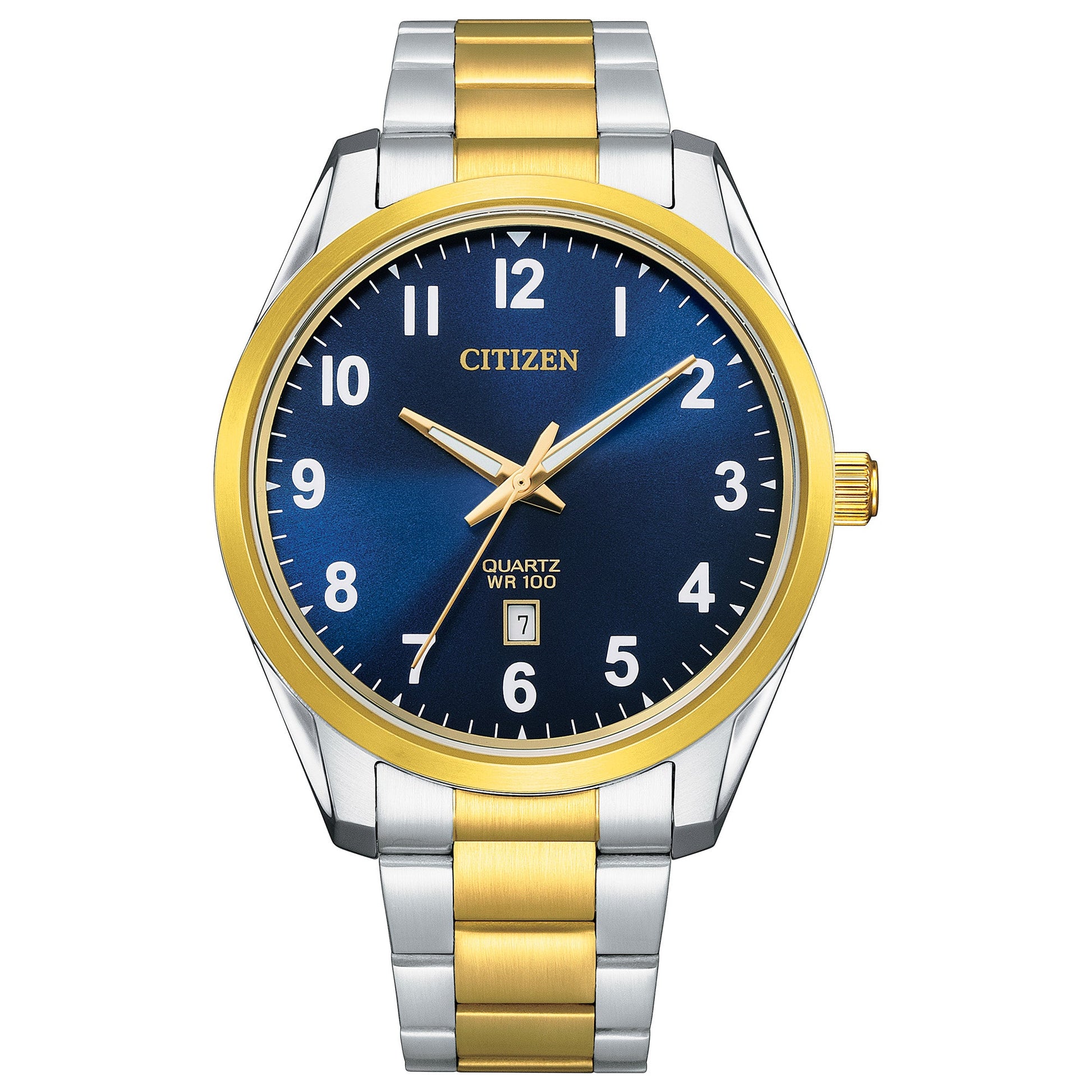 Citizen BI1036-57L front view with two-tone stainless steel case and bracelet, midnight-blue sunburst dial, gold-tone indices, and date window at 3 o’clock.