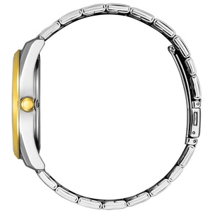 Side profile of Citizen BI1036-57L showing the 42 mm stainless steel case thickness, gold-tone bezel accent, and integrated bracelet link.