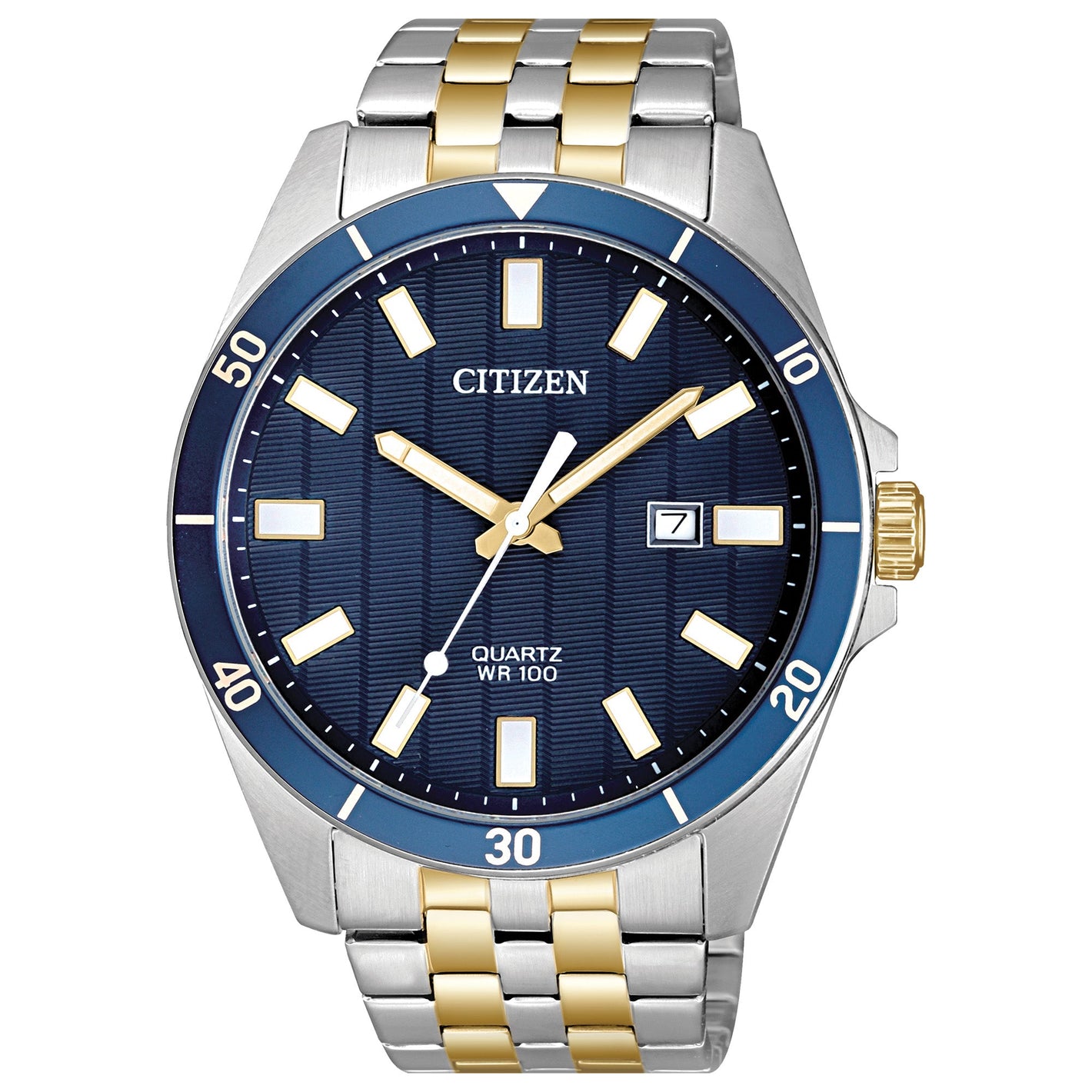 Citizen BI5054-53L front view showcasing the 42 mm two-tone stainless steel case, deep blue sunburst dial and gold-tone accents.