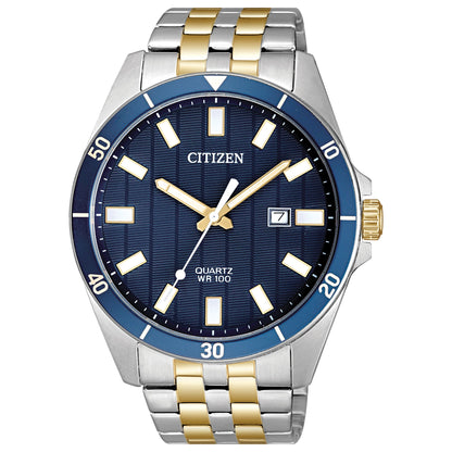 Citizen BI5054-53L front view showcasing the 42 mm two-tone stainless steel case, deep blue sunburst dial and gold-tone accents.