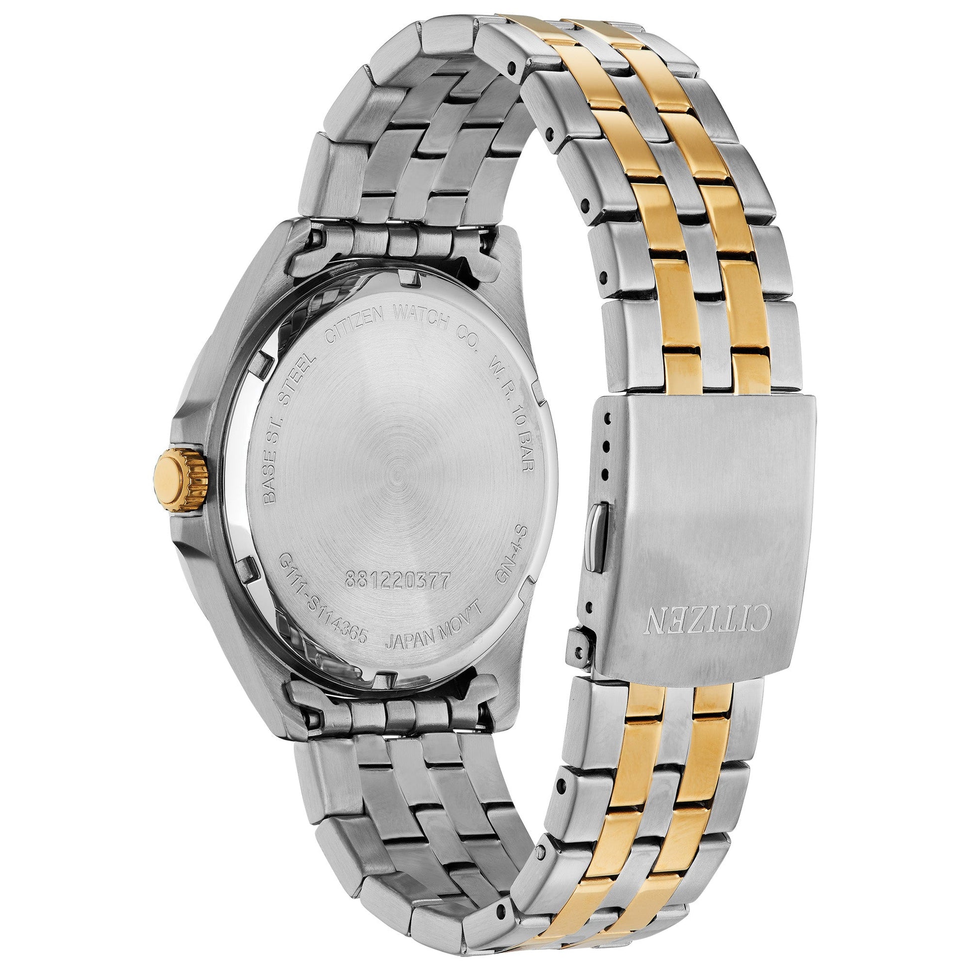 Back view of Citizen BI5054-53L showing the solid stainless steel case back and two-tone bracelet with fold-over clasp.