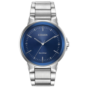 Citizen BJ6510-51L men's stainless steel watch featuring a dark blue dial with silver-tone hands and index hour markers—front view.