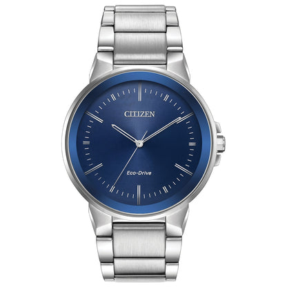 Citizen BJ6510-51L men's stainless steel watch featuring a dark blue dial with silver-tone hands and index hour markers—front view.