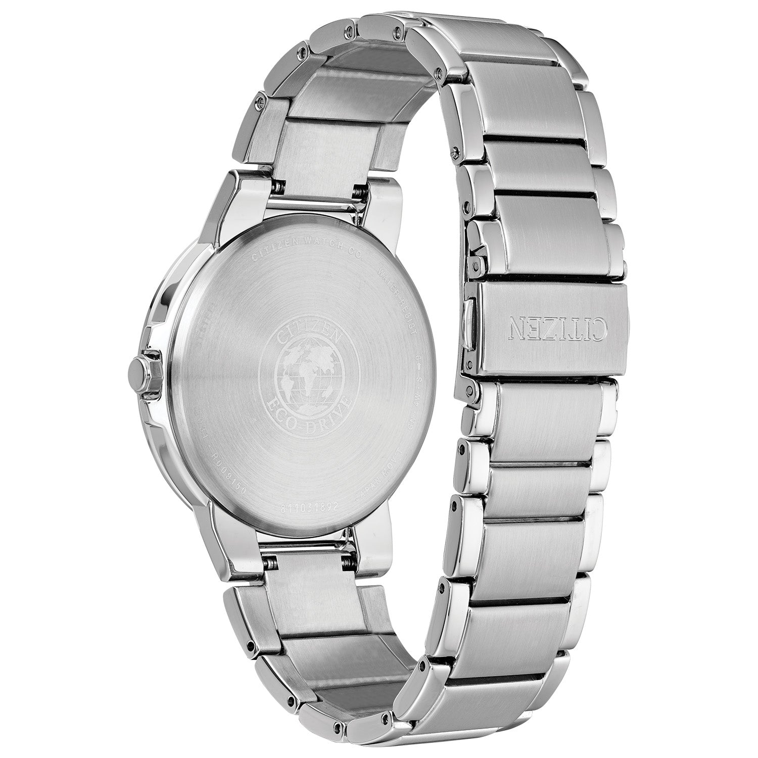 Rear view of the Citizen BJ6510-51L highlighting the stainless steel case back and bracelet clasp.
