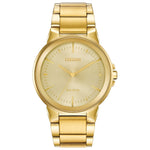 Citizen BJ6512-56P men's gold-tone stainless steel watch featuring a champagne dial with gold-tone hands and index hour markers—front view.