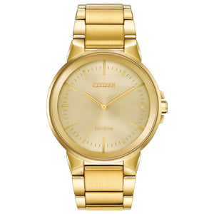 Citizen BJ6512-56P men's gold-tone stainless steel watch featuring a champagne dial with gold-tone hands and index hour markers—front view.
