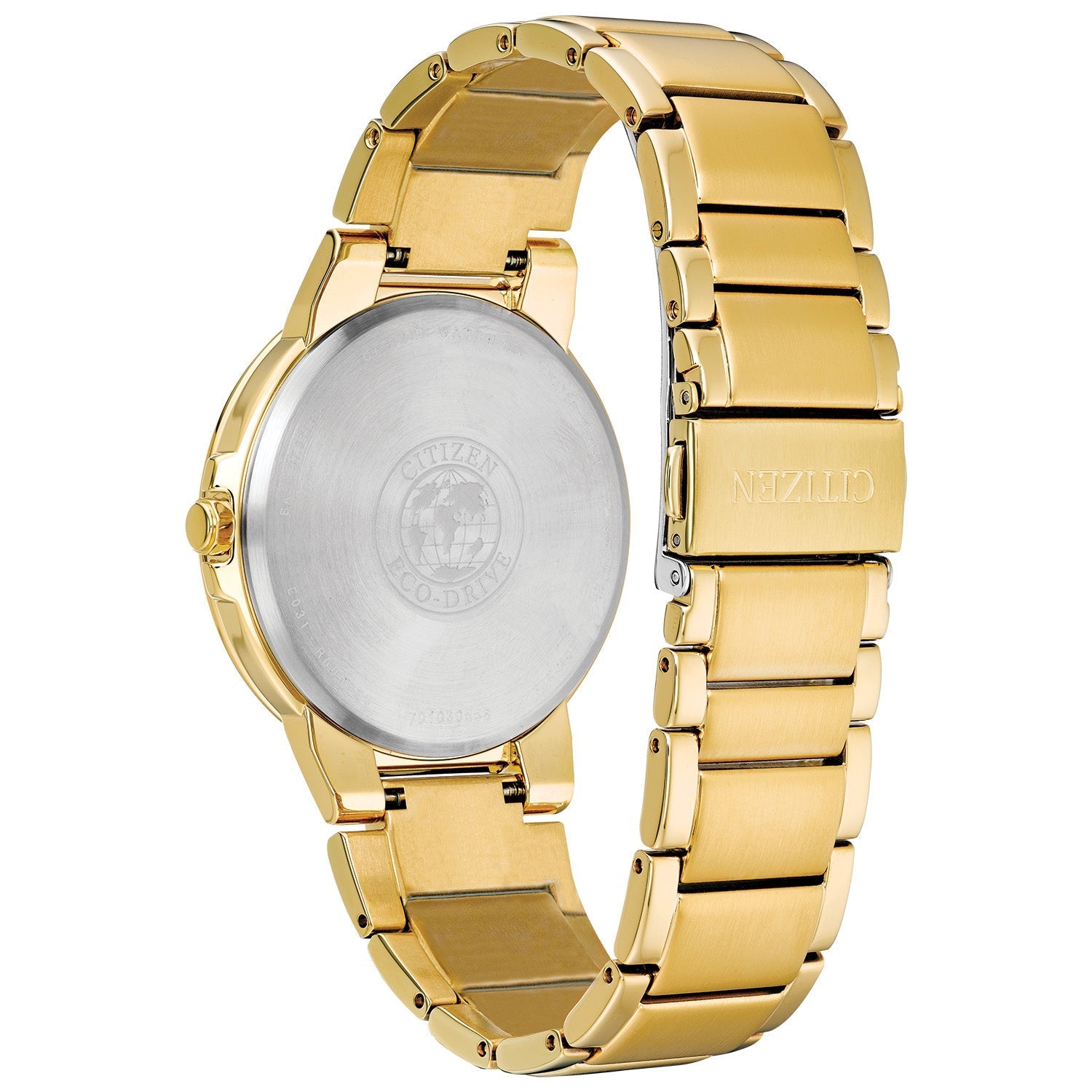 Rear view of the Citizen BJ6512-56P highlighting the stainless steel case back and bracelet clasp.