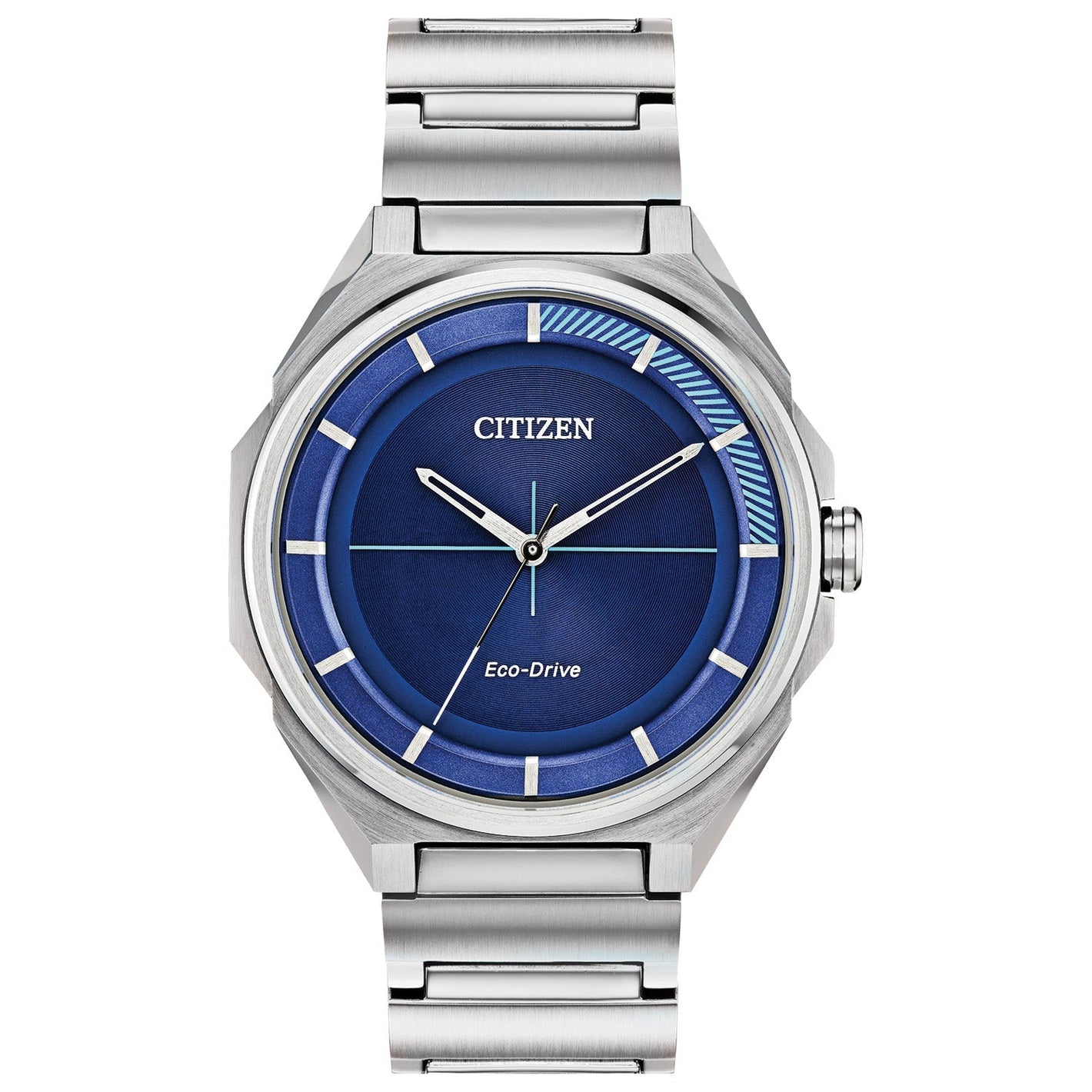 Citizen BJ6530-54L men's stainless steel watch featuring a blue dial with silver-tone hands and index hour markers—front view.