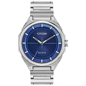 Citizen BJ6530-54L men's stainless steel watch featuring a blue dial with silver-tone hands and index hour markers—front view.
