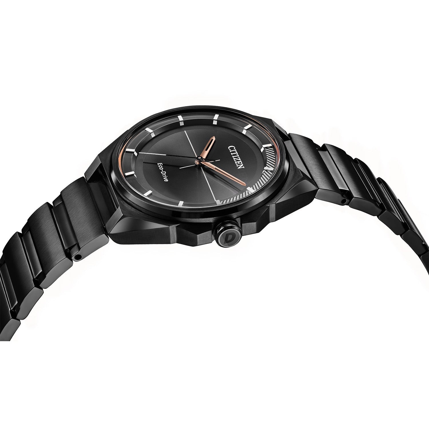 Citizen Weekender Eco-Drive BJ6535-51E featuring a black dial with graphic pattern, black ion-plated stainless steel case and bracelet—front view.