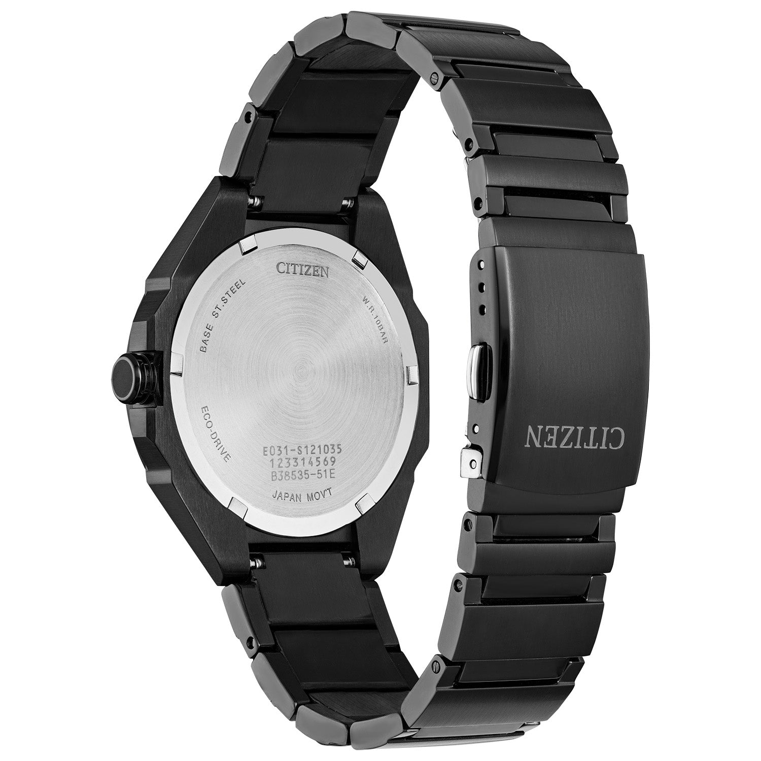 Rear view of the Citizen Weekender BJ6535-51E highlighting the stainless steel case back and bracelet design.