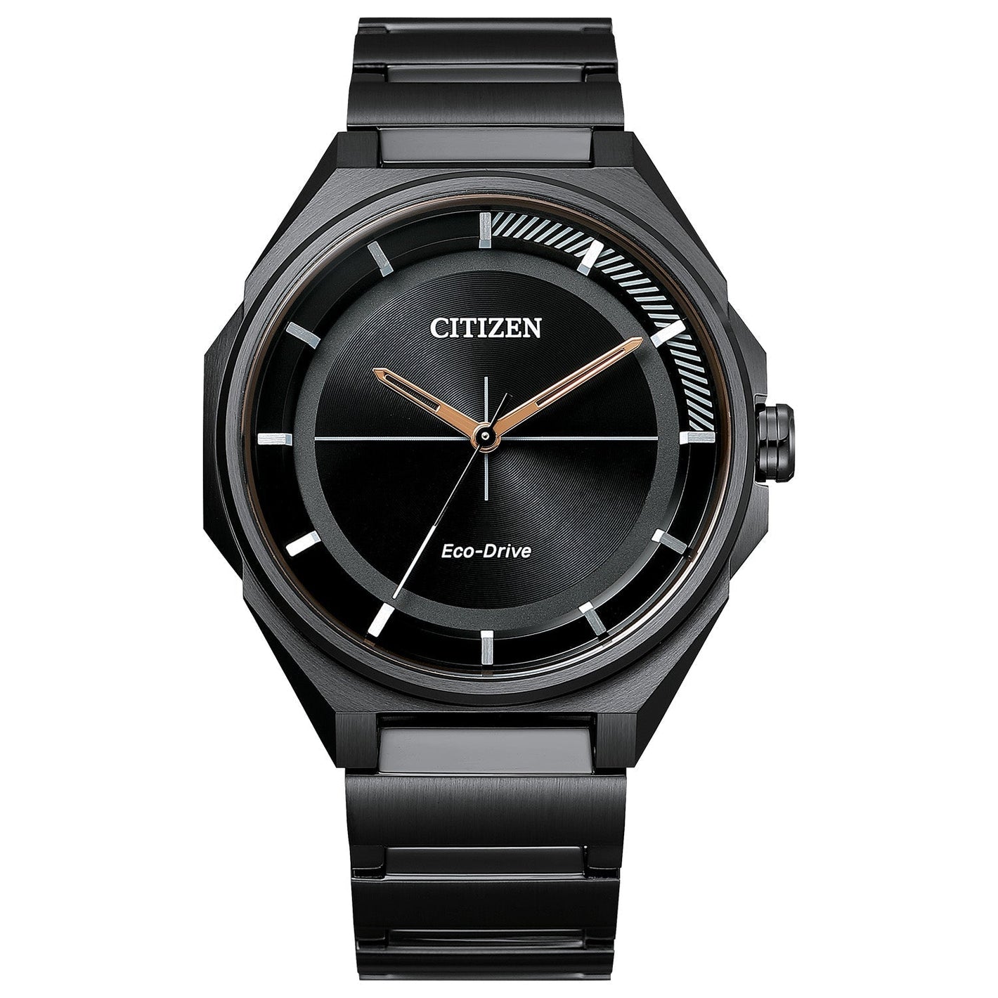 Citizen Weekender Eco-Drive BJ6535-51E featuring a black dial with graphic pattern, black ion-plated stainless steel case and bracelet—front view.