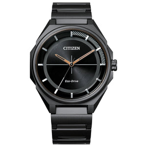 Citizen Weekender Eco-Drive BJ6535-51E featuring a black dial with graphic pattern, black ion-plated stainless steel case and bracelet—front view.