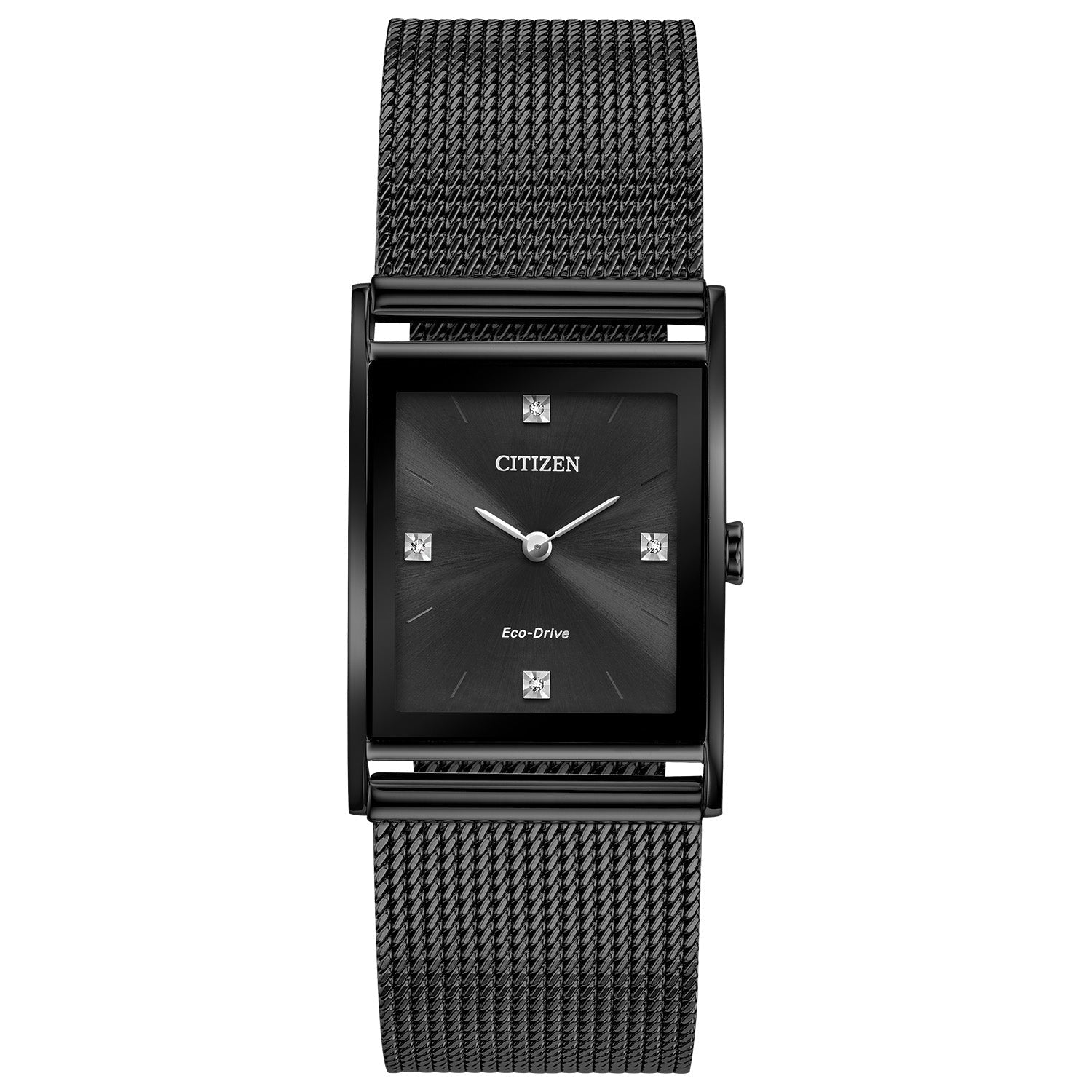 Citizen BL6008-53E men's black ion-plated stainless steel watch featuring a black dial with four diamond accents and silver-tone hands—front view.​