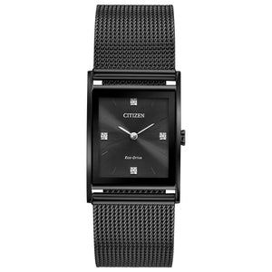 Citizen BL6008-53E men's black ion-plated stainless steel watch featuring a black dial with four diamond accents and silver-tone hands—front view.​