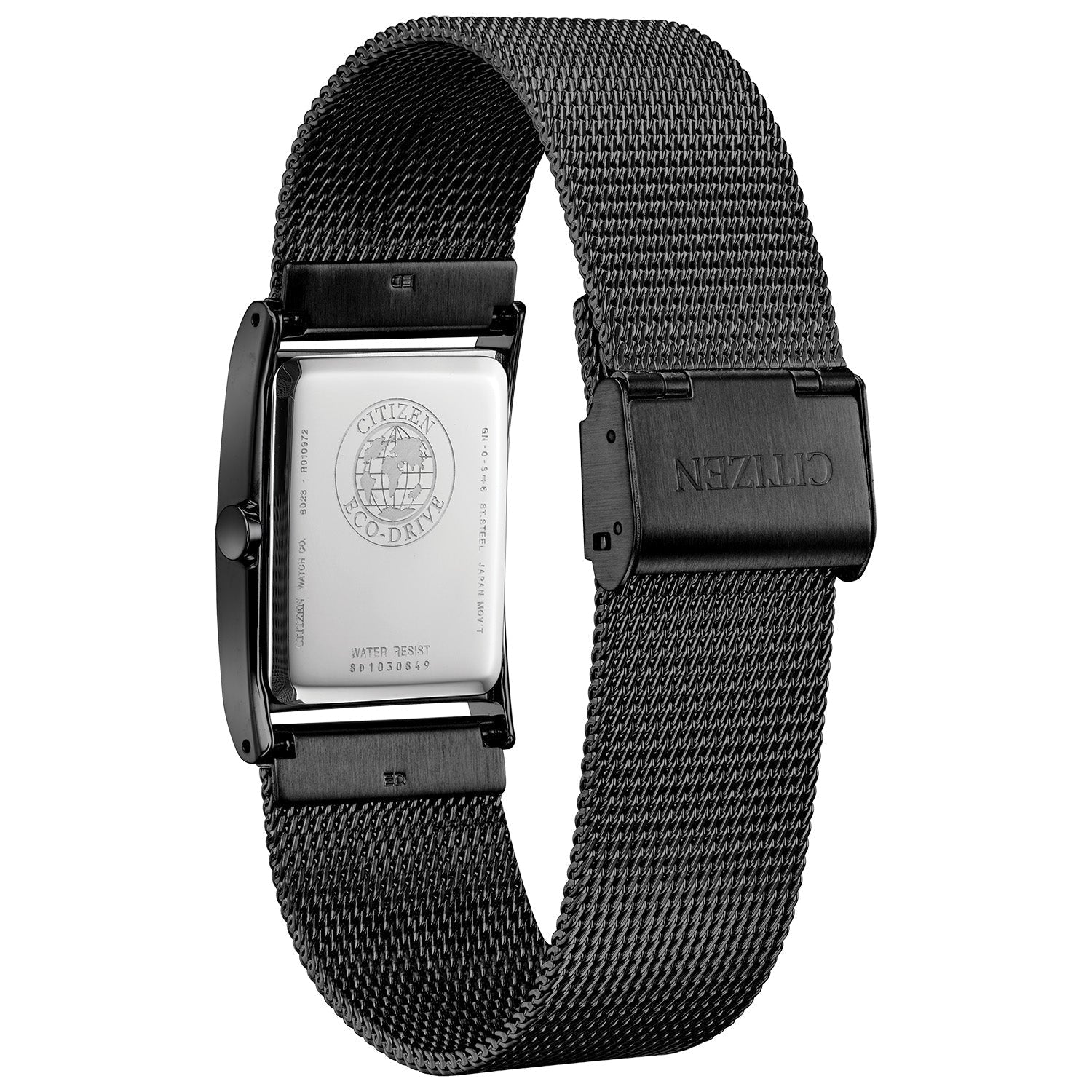Rear view of the Citizen BL6008-53E highlighting the stainless steel case back and mesh bracelet clasp.