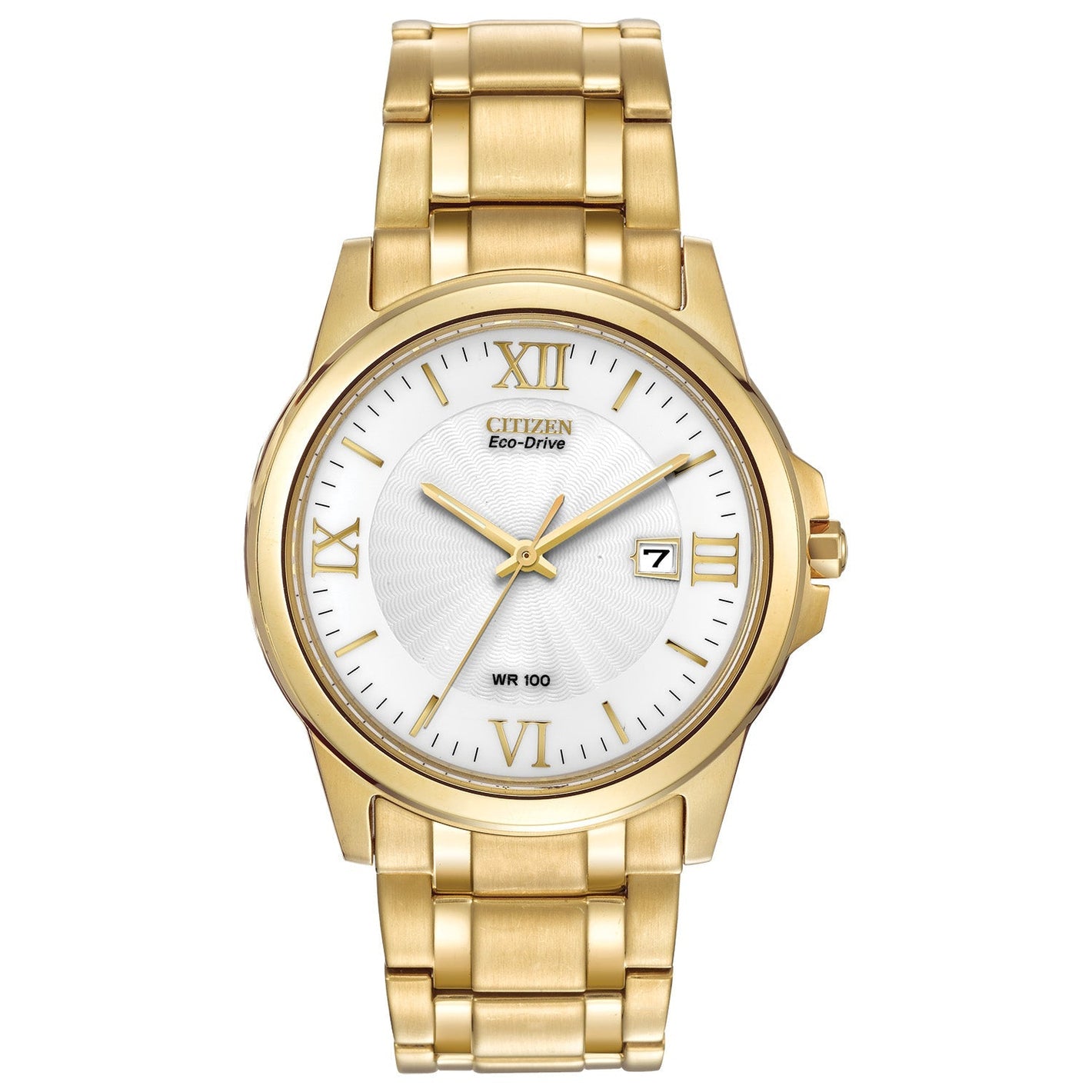 Citizen BM7262-57A men's gold-tone stainless steel watch featuring a white dial with Roman numerals and date display—front view.