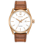 Citizen BM7413-02A men's rose gold-tone stainless steel watch featuring a white dial with rose gold-tone hands and indices, and a brown leather strap—front view.