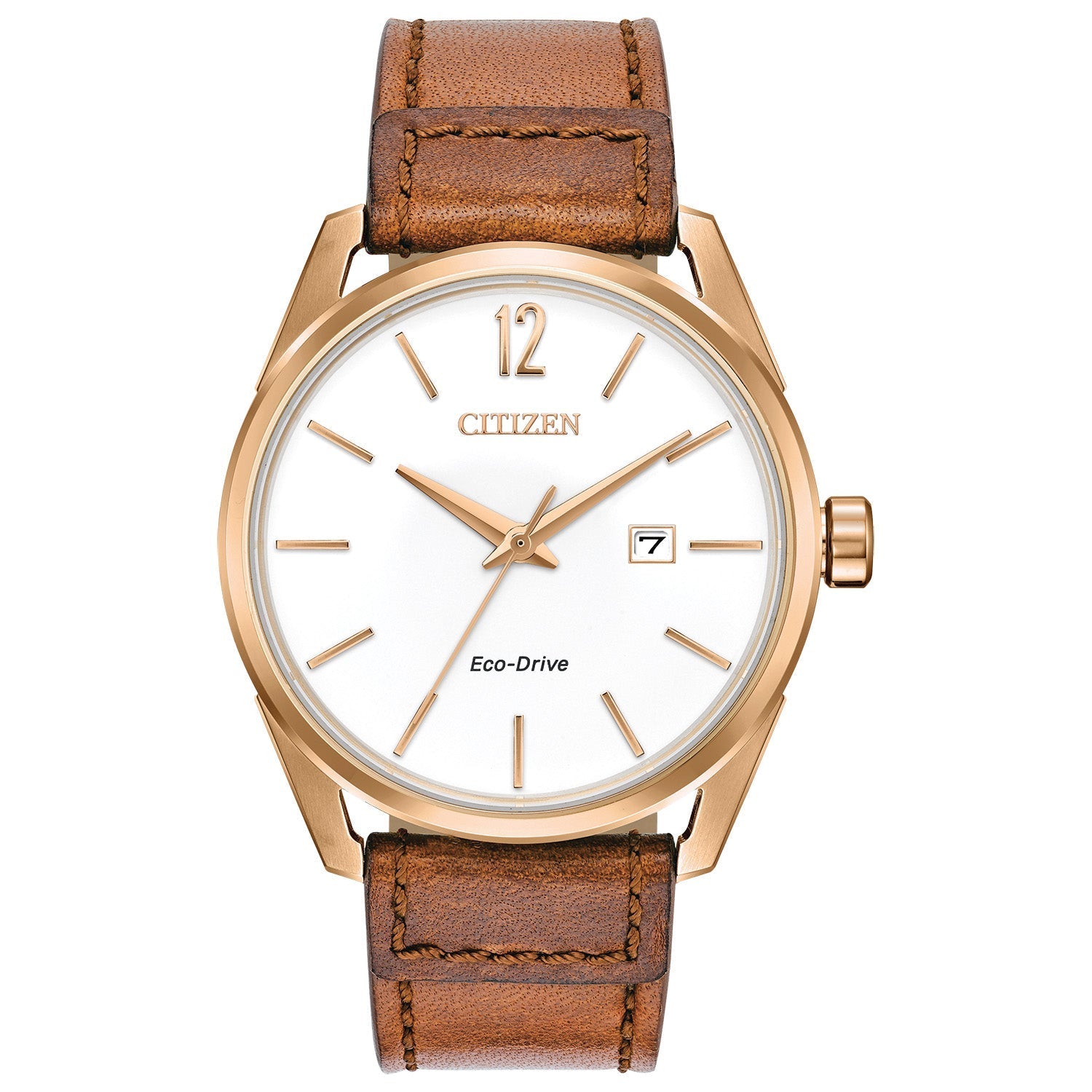 Citizen BM7413-02A men's rose gold-tone stainless steel watch featuring a white dial with rose gold-tone hands and indices, and a brown leather strap—front view.