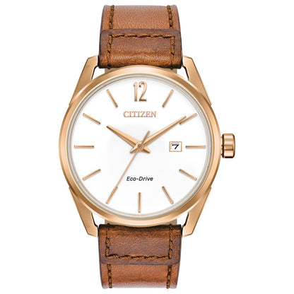 Citizen BM7413-02A men's rose gold-tone stainless steel watch featuring a white dial with rose gold-tone hands and indices, and a brown leather strap—front view.