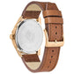 Rear view of the Citizen BM7413-02A highlighting the stainless steel case back and brown leather strap with buckle clasp.​
