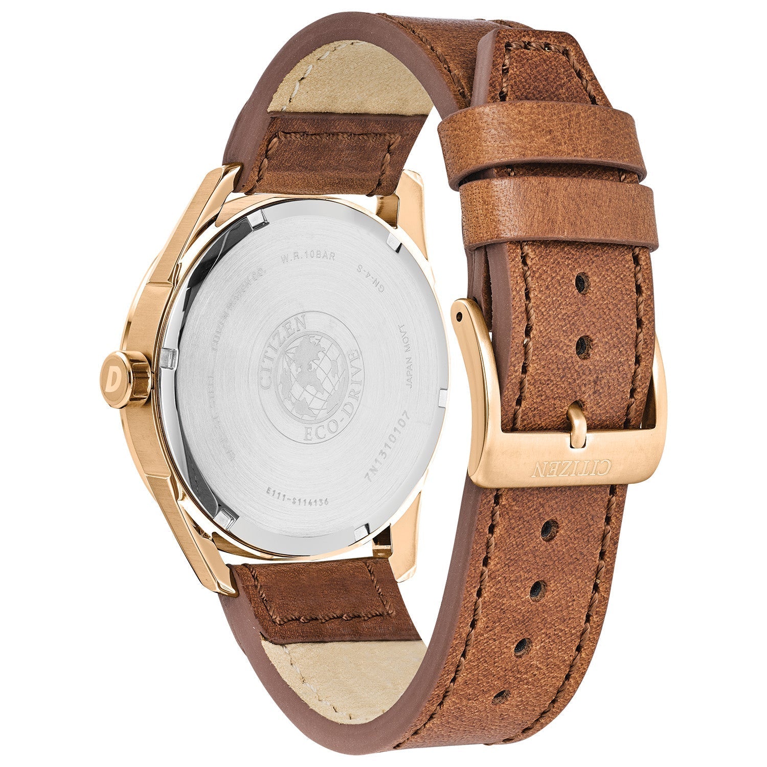 Rear view of the Citizen BM7413-02A highlighting the stainless steel case back and brown leather strap with buckle clasp.​