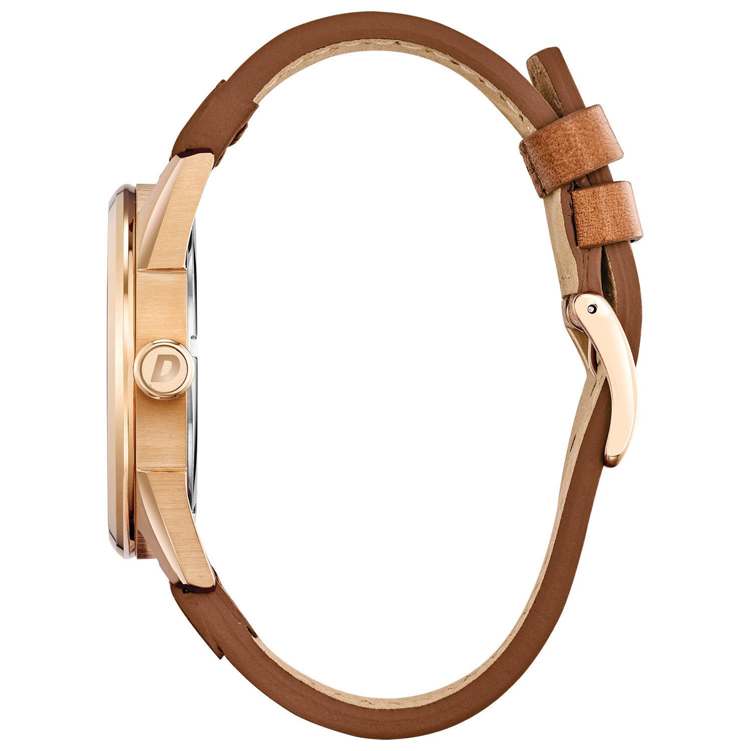 Side profile of the Citizen BM7413-02A showcasing the rose gold-tone stainless steel case and textured crown.