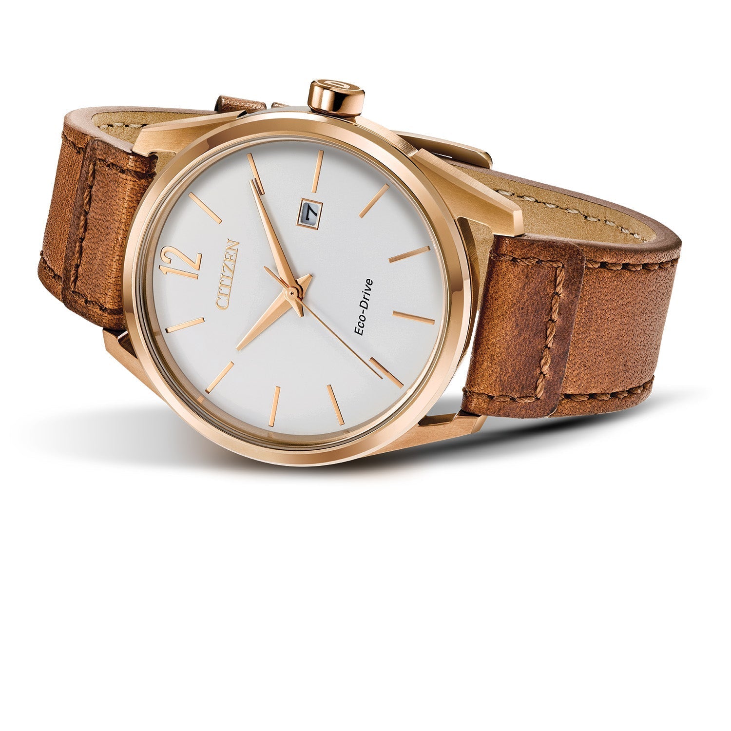 Citizen BM7413-02A men's rose gold-tone stainless steel watch featuring a white dial with rose gold-tone hands and indices, and a brown leather strap—front view.