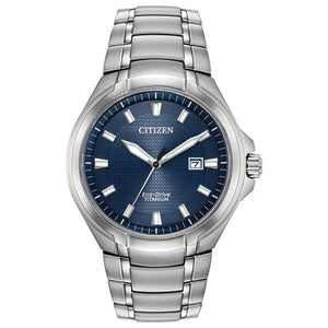 Citizen Paradigm Eco-Drive BM7431-51L featuring a blue dial with luminous hands and markers, Super Titanium™ case and bracelet—front view.