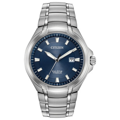 Citizen Paradigm Eco-Drive BM7431-51L featuring a blue dial with luminous hands and markers, Super Titanium™ case and bracelet—front view.