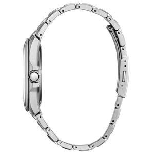Side profile of the Citizen BM7431-51L showcasing the slim 10mm case and fold-over clasp