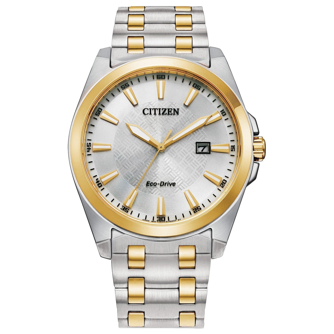 Citizen BM7534-59A men's two-tone stainless steel watch featuring a silver-tone dial with patterned center, luminous gold-tone hands, and date display—front view.
