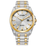 Citizen BM7534-59A men's two-tone stainless steel watch featuring a silver-tone dial with patterned center, luminous gold-tone hands, and date display—front view.