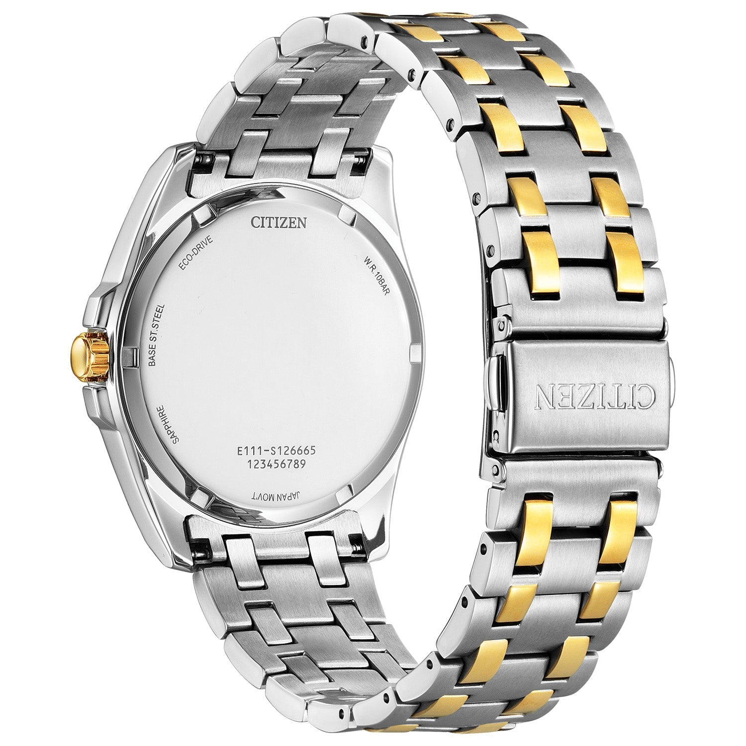 Rear view of the Citizen BM7534-59A highlighting the stainless steel case back and bracelet clasp.