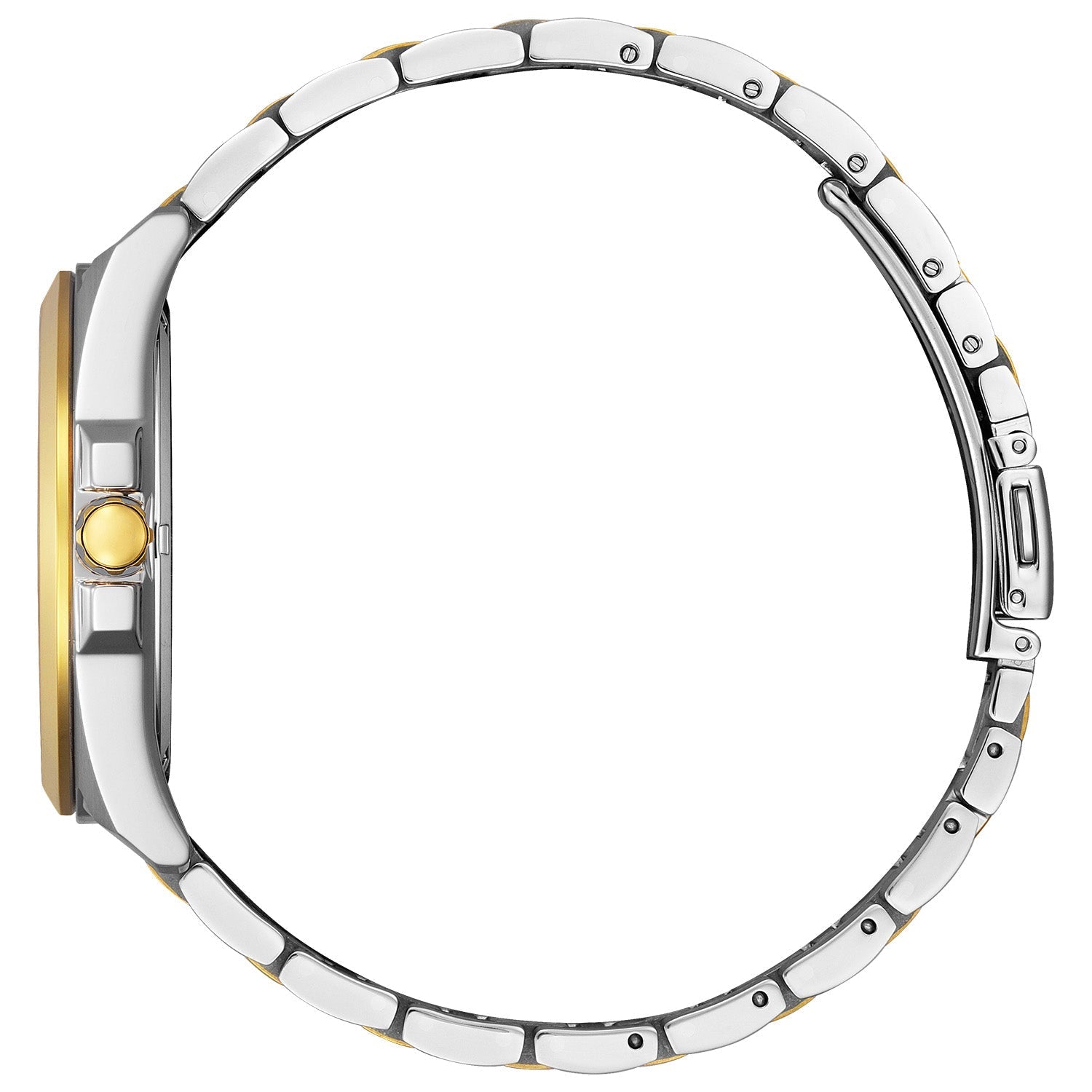 Side profile of the Citizen BM7534-59A showcasing the two-tone stainless steel case and textured crown.