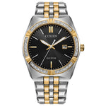 Citizen BM7644-51E front view showing 40 mm two-tone (silver & gold) stainless steel case, black dial, diamond-set bezel and integrated bracelet.