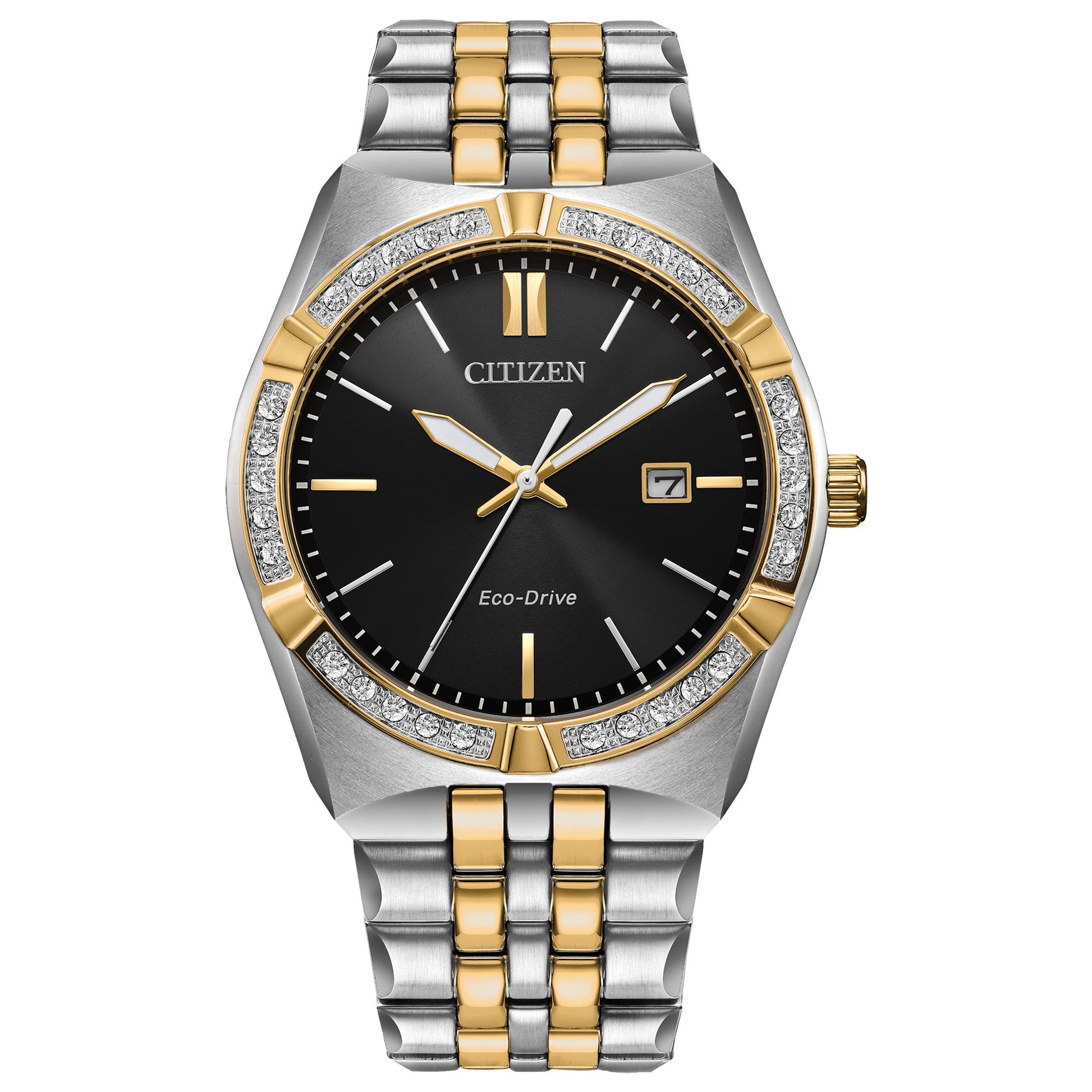 Citizen BM7644-51E front view showing 40 mm two-tone (silver & gold) stainless steel case, black dial, diamond-set bezel and integrated bracelet.