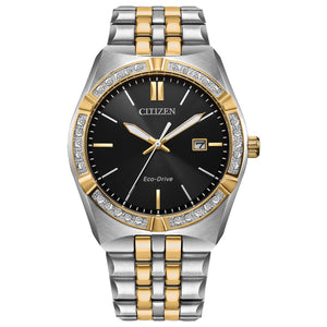 Citizen BM7644-51E front view showing 40 mm two-tone (silver & gold) stainless steel case, black dial, diamond-set bezel and integrated bracelet.