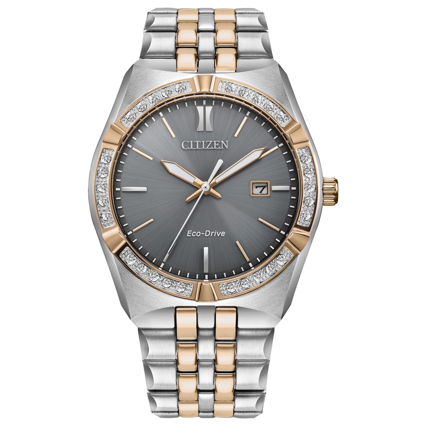 Citizen BM7646-55H front view with grey dial, rose-gold and silver two-tone stainless steel case and bracelet, diamond-set bezel.