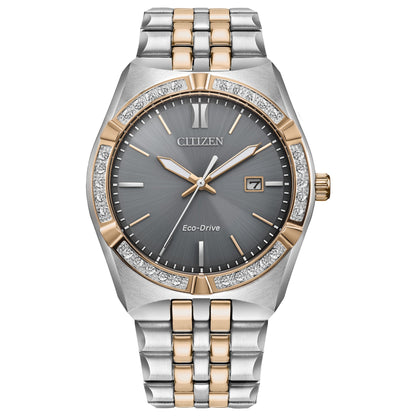 Citizen BM7646-55H front view with grey dial, rose-gold and silver two-tone stainless steel case and bracelet, diamond-set bezel.