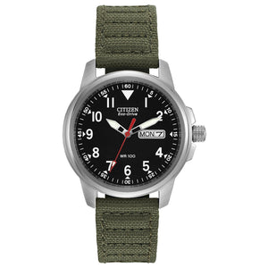 Citizen BM8180-03E men's stainless steel watch featuring a black dial with luminous hands and Arabic numerals, paired with a green nylon strap—front view.​