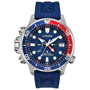 Citizen Promaster Aqualand BN2038-01L featuring a blue dial with red and blue bezel, luminous markers, and blue polyurethane strap—front view.