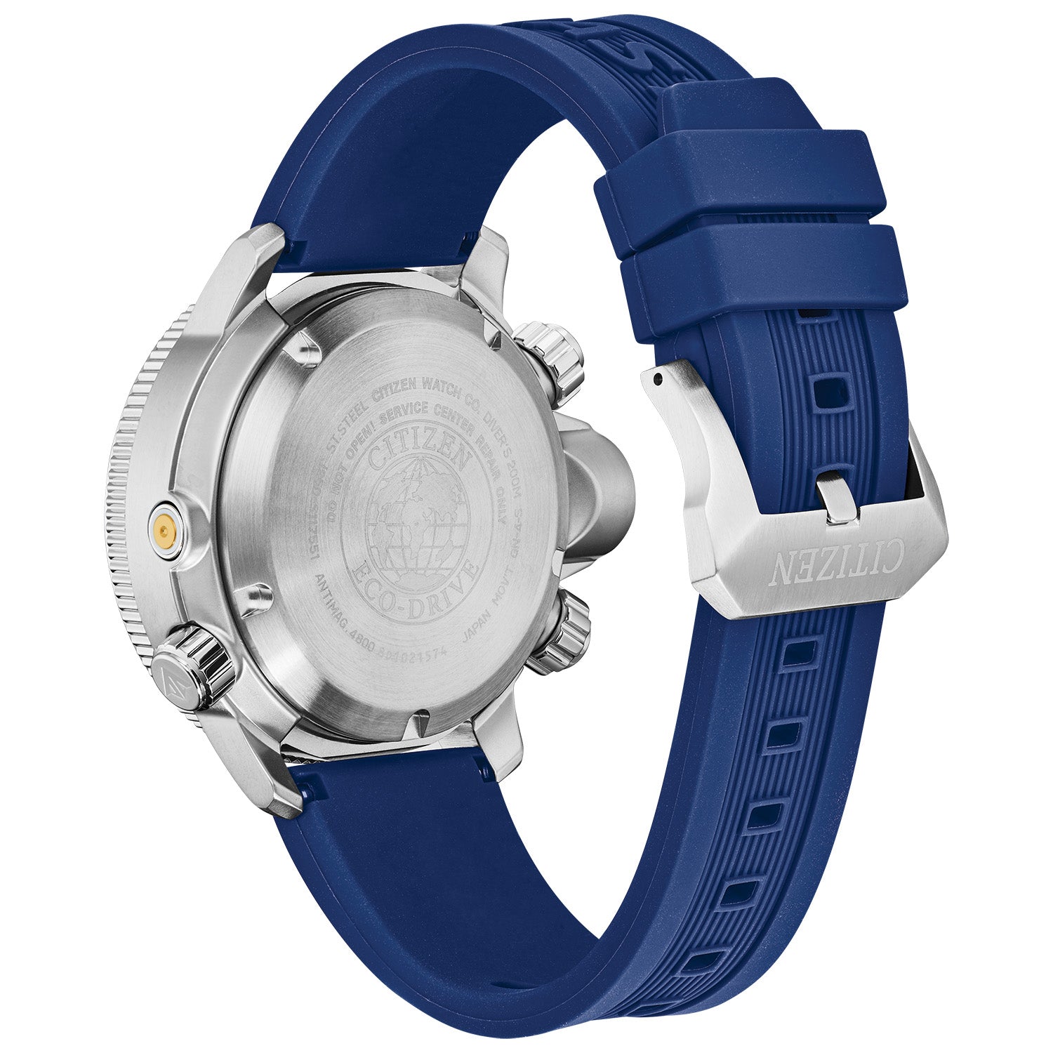 Rear view of the Citizen Promaster BN2038-01L highlighting the stainless steel case back and strap attachment.