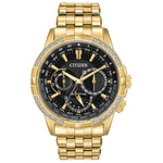 Citizen BU2082-56E men's gold-tone stainless steel watch featuring a black dial with day, date, and 12/24-hour sub-dials, surrounded by a diamond-accented bezel—front view.