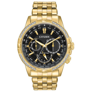 Citizen BU2082-56E men's gold-tone stainless steel watch featuring a black dial with day, date, and 12/24-hour sub-dials, surrounded by a diamond-accented bezel—front view.