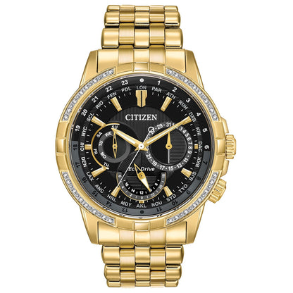 Citizen BU2082-56E men's gold-tone stainless steel watch featuring a black dial with day, date, and 12/24-hour sub-dials, surrounded by a diamond-accented bezel—front view.