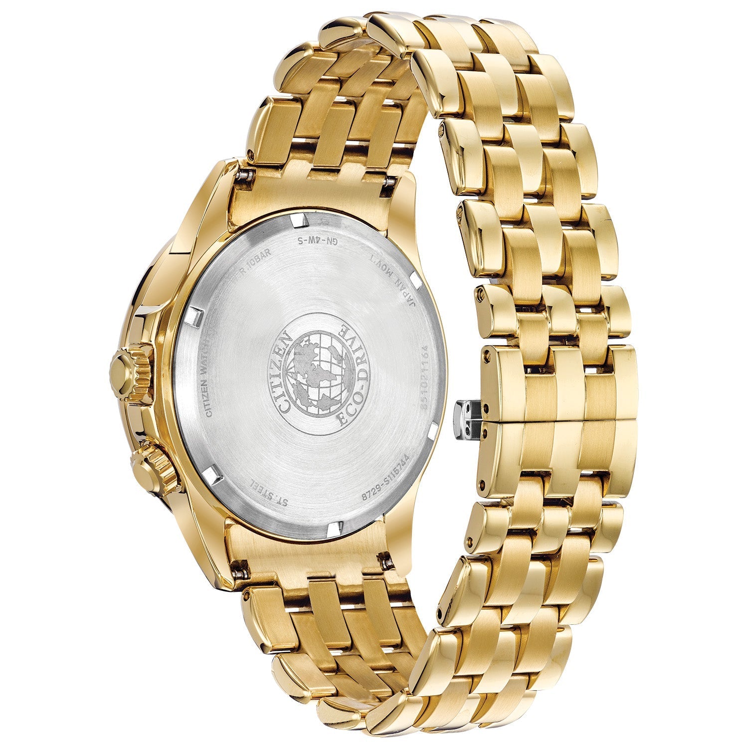 Rear view of the Citizen BU2082-56E highlighting the stainless steel case back and bracelet clasp.
