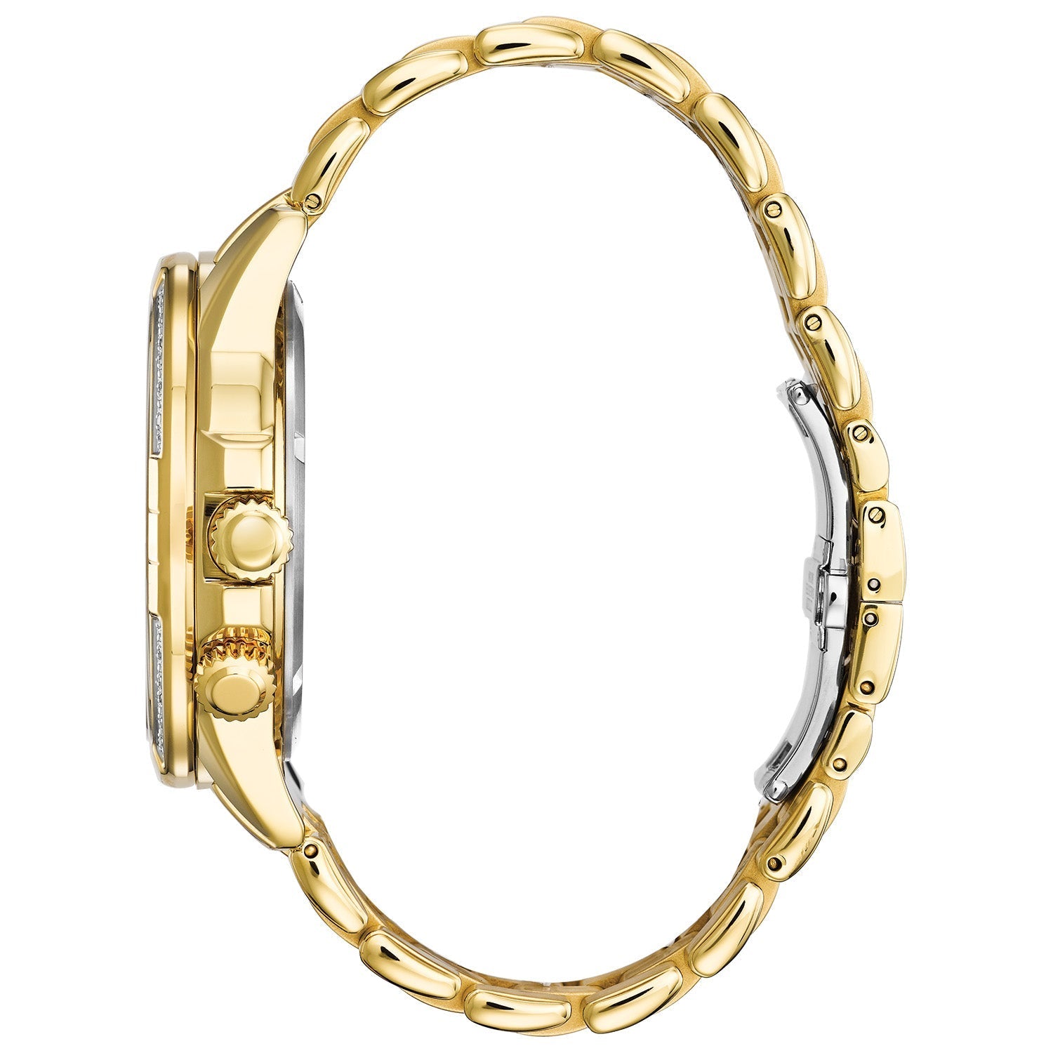 Side profile of the Citizen BU2082-56E showcasing the gold-tone stainless steel case and textured crown.