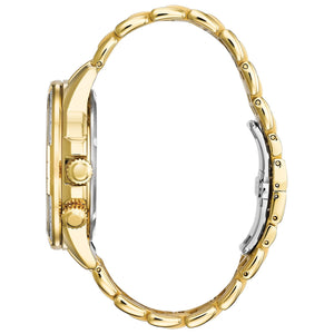 Side profile of the Citizen BU2082-56E showcasing the gold-tone stainless steel case and textured crown.